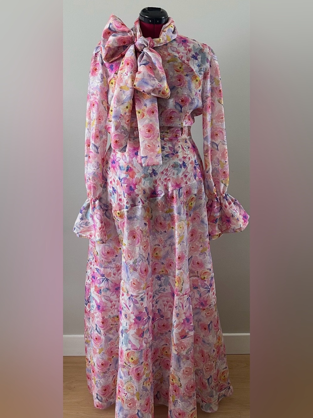 Zimmerman Inspired Floral Bow Tie Maxi Dress in Pink Watercolor